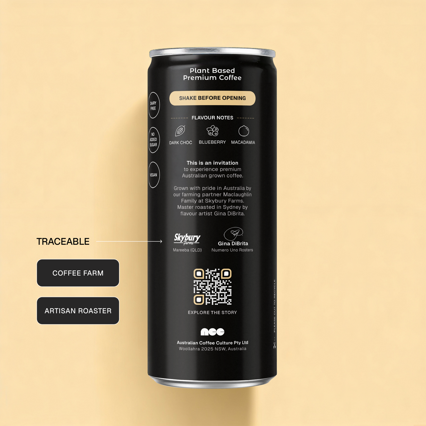 Back of Australian Coffee Culture Oat Latte can showing traceability QR code and origin details